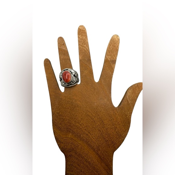 Signed M Navajo Native American Sterling Silver Red Spiny Oyster Mens Ring 12 - Picture 5 of 7